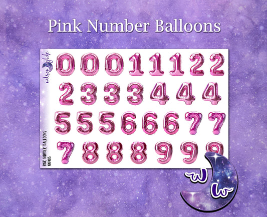 Pink Number Balloons large planner deco stickers, WW905