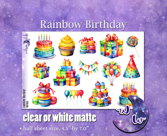 Rainbow Birthday deco planner stickers, Matte or frosted clear. WW908
