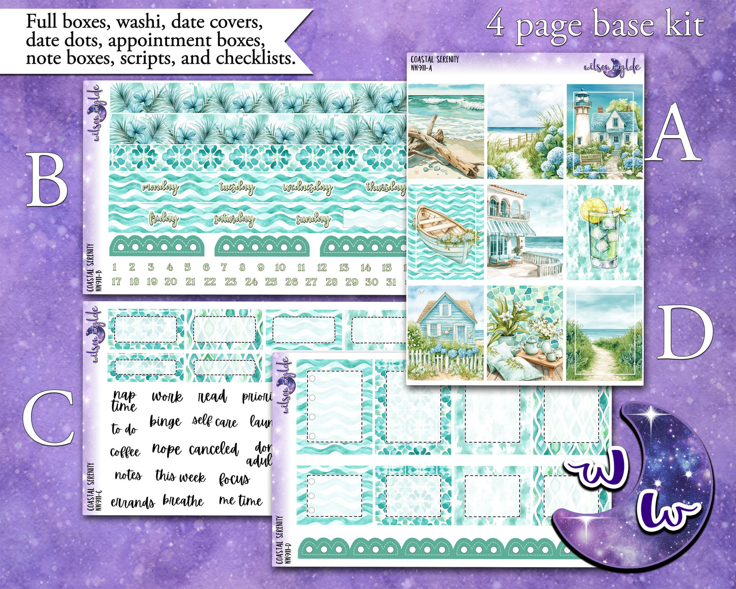 Coastal Serenity weekly sticker kit, STANDARD VERTICAL format, a la carte and bundle options. WW911