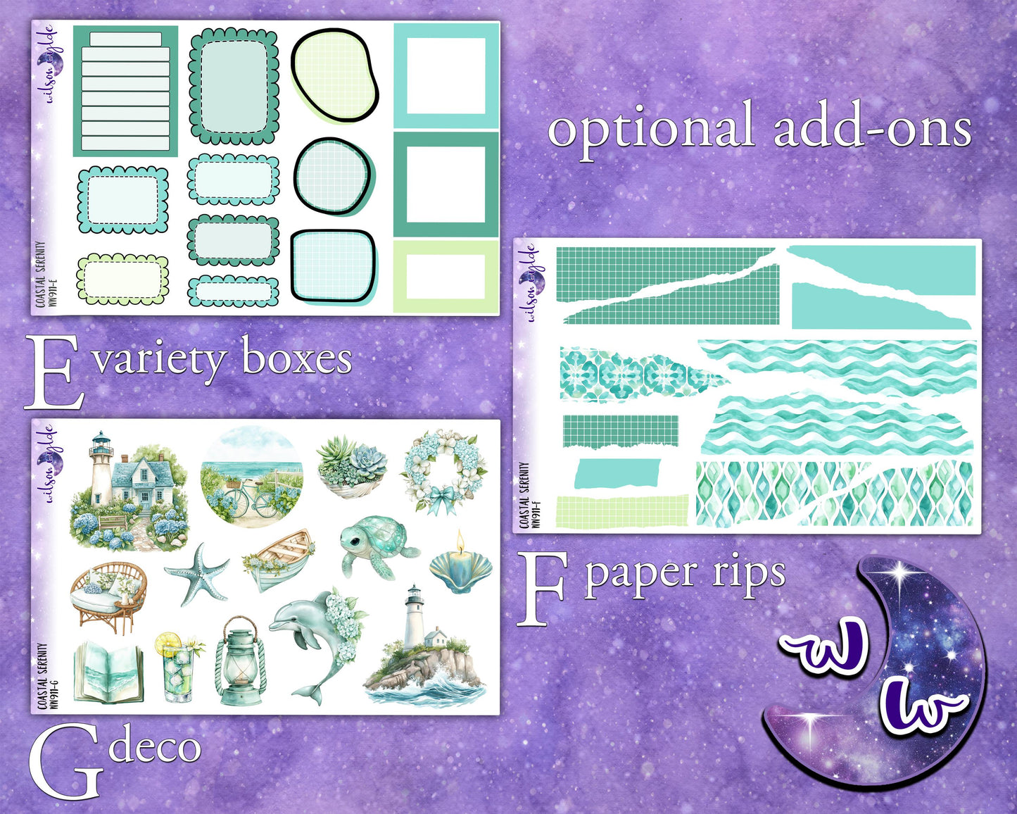 Coastal Serenity weekly sticker kit, STANDARD VERTICAL format, a la carte and bundle options. WW911