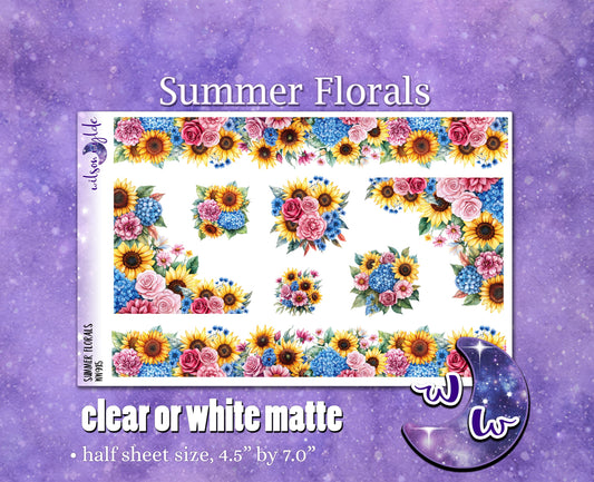 Summer Florals deco planner stickers, Matte or frosted clear. WW915