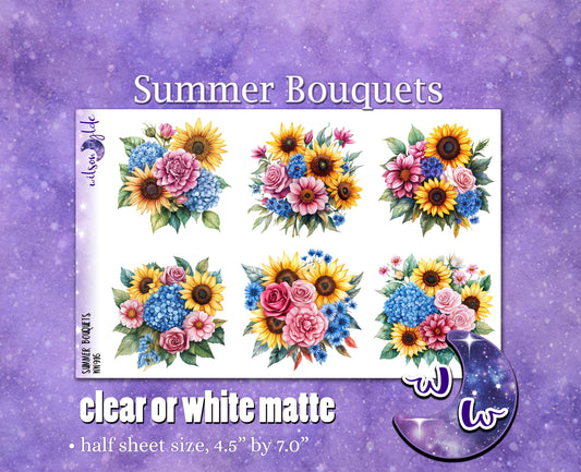 Summer Bouquets deco planner stickers, Matte or frosted clear. WW916