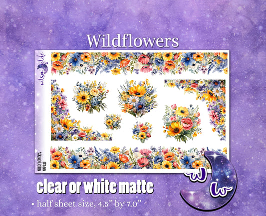 Wildflowers deco planner stickers, Matte or frosted clear. WW921