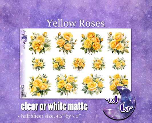 Yellow Roses deco planner stickers, Matte or frosted clear. WW927
