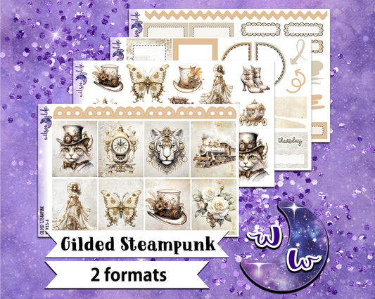 Gilded Steampunk mini weekly sticker kit, Cousin or Standard Vertical format, a la carte and bundle options. WW933