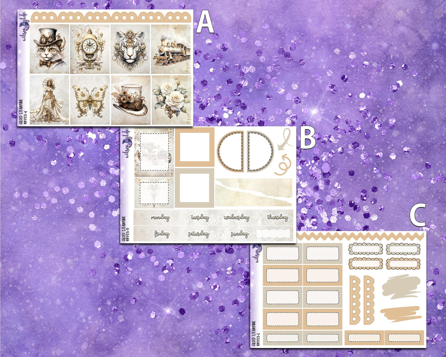 Gilded Steampunk mini weekly sticker kit, Cousin or Standard Vertical format, a la carte and bundle options. WW933