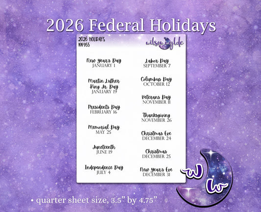 2026 Federal Holidays, deco planner stickers, WW955