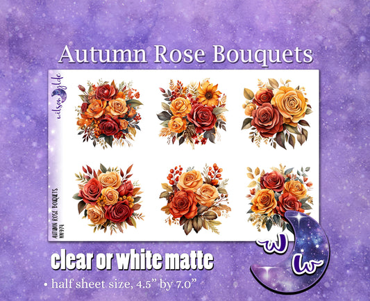 Autumn Rose Bouquets deco planner stickers, Matte or frosted clear. WW974
