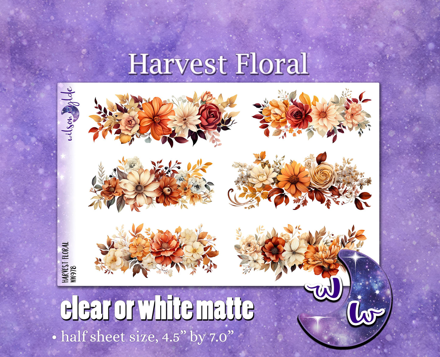 Harvest Floral deco planner stickers, Matte or frosted clear. WW978