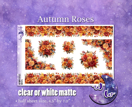 Autumn Roses deco planner stickers, Matte or frosted clear. WW973