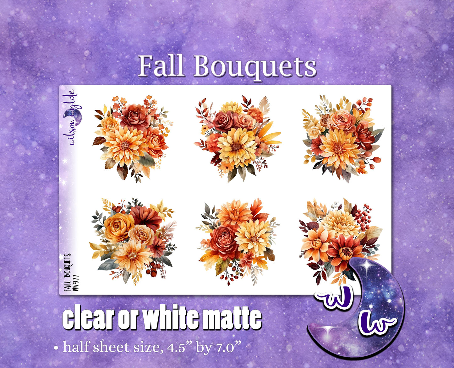 Fall Bouquets deco planner stickers, Matte or frosted clear. WW977