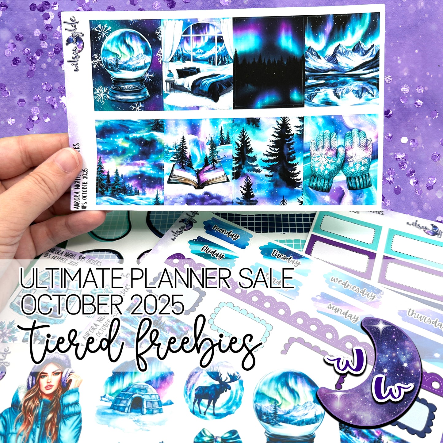 Aurora Night, tiered freebie kit, standard vertical format. 8 planner sticker sheets, includes deco, full and appointment boxes.