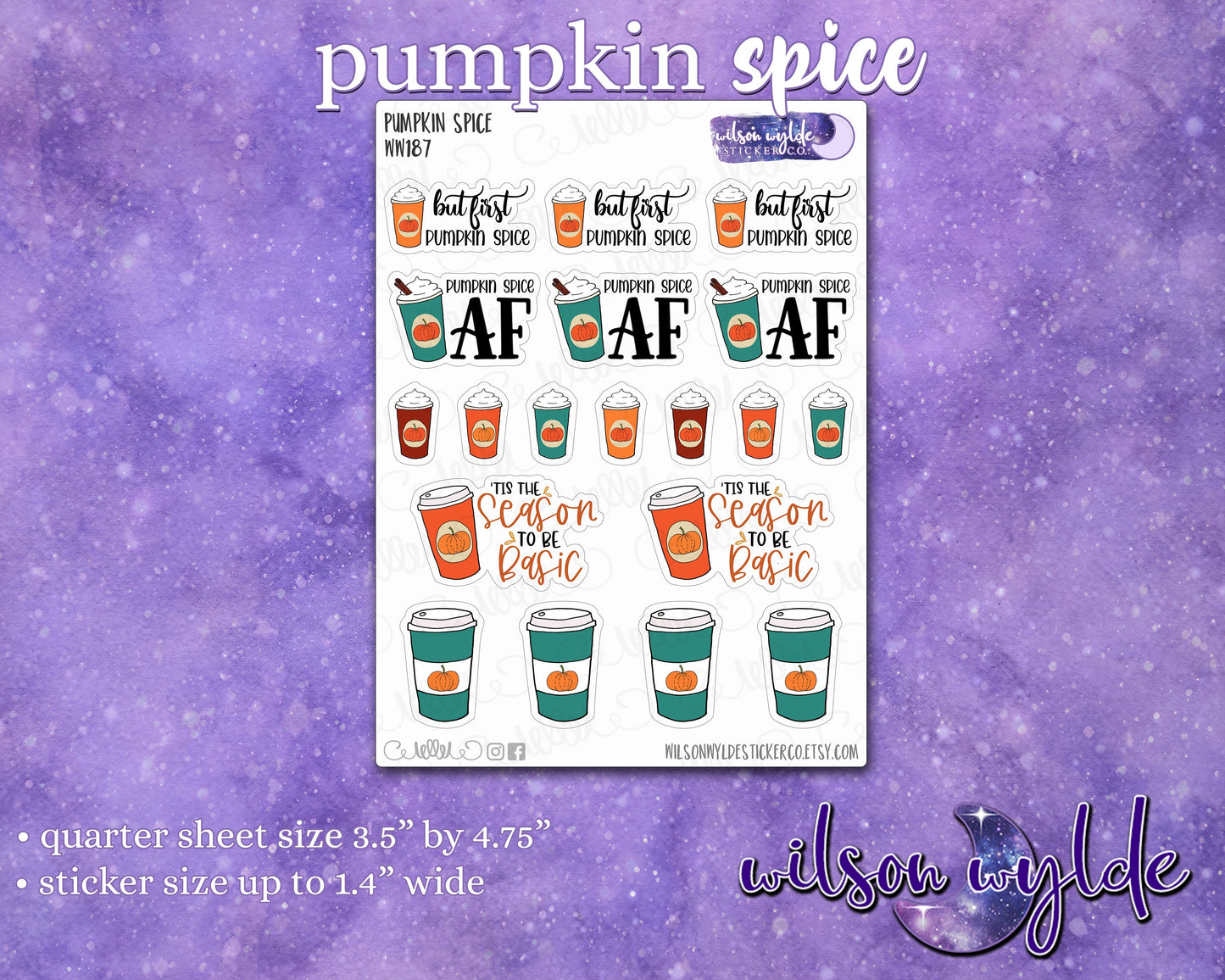 Pumpkin Spice deco planner stickers, pumpkin spice latte, for Happy Planner, Hobonichi, Print Pression WW187