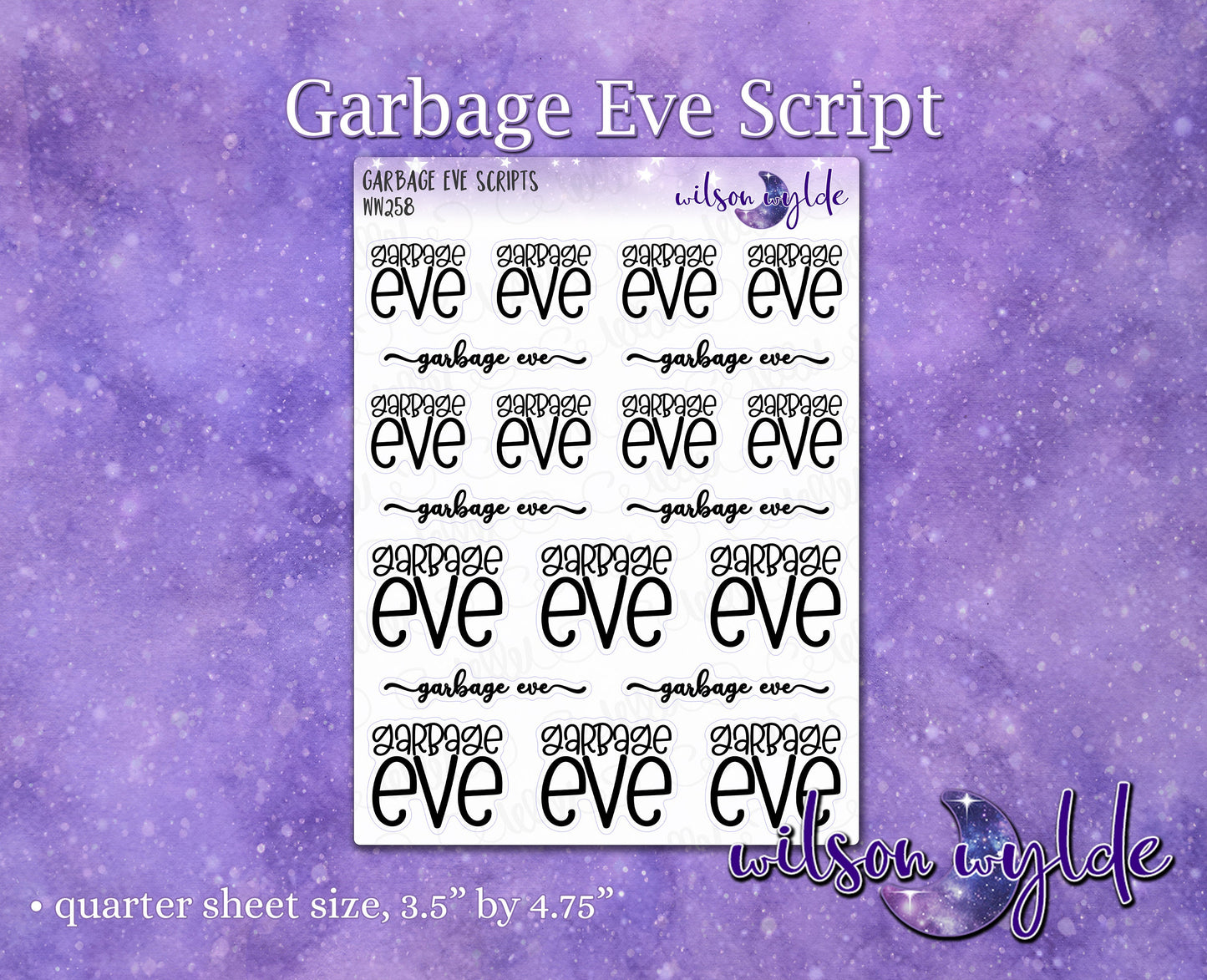 Garbage Eve Script planner stickers, for Happy Planner, Hobonichi, Print Pression WW258