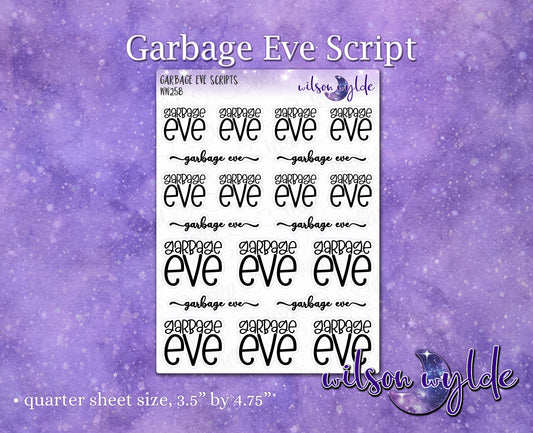 Garbage Eve Script planner stickers, for Happy Planner, Hobonichi, Print Pression WW258