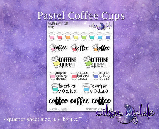 Pastel Coffee Cups deco planner stickers, but first coffee, cuppajoe brew, caffeine lover, for Happy Planner,  WW143