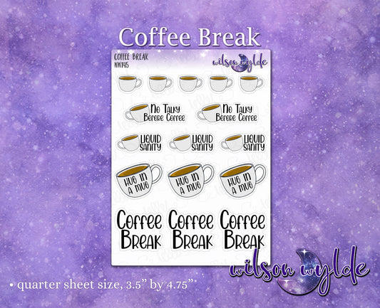 Coffee Break deco planner stickers, but first coffee, cuppajoe brew, caffeine lover, for Happy Planner,  WW145