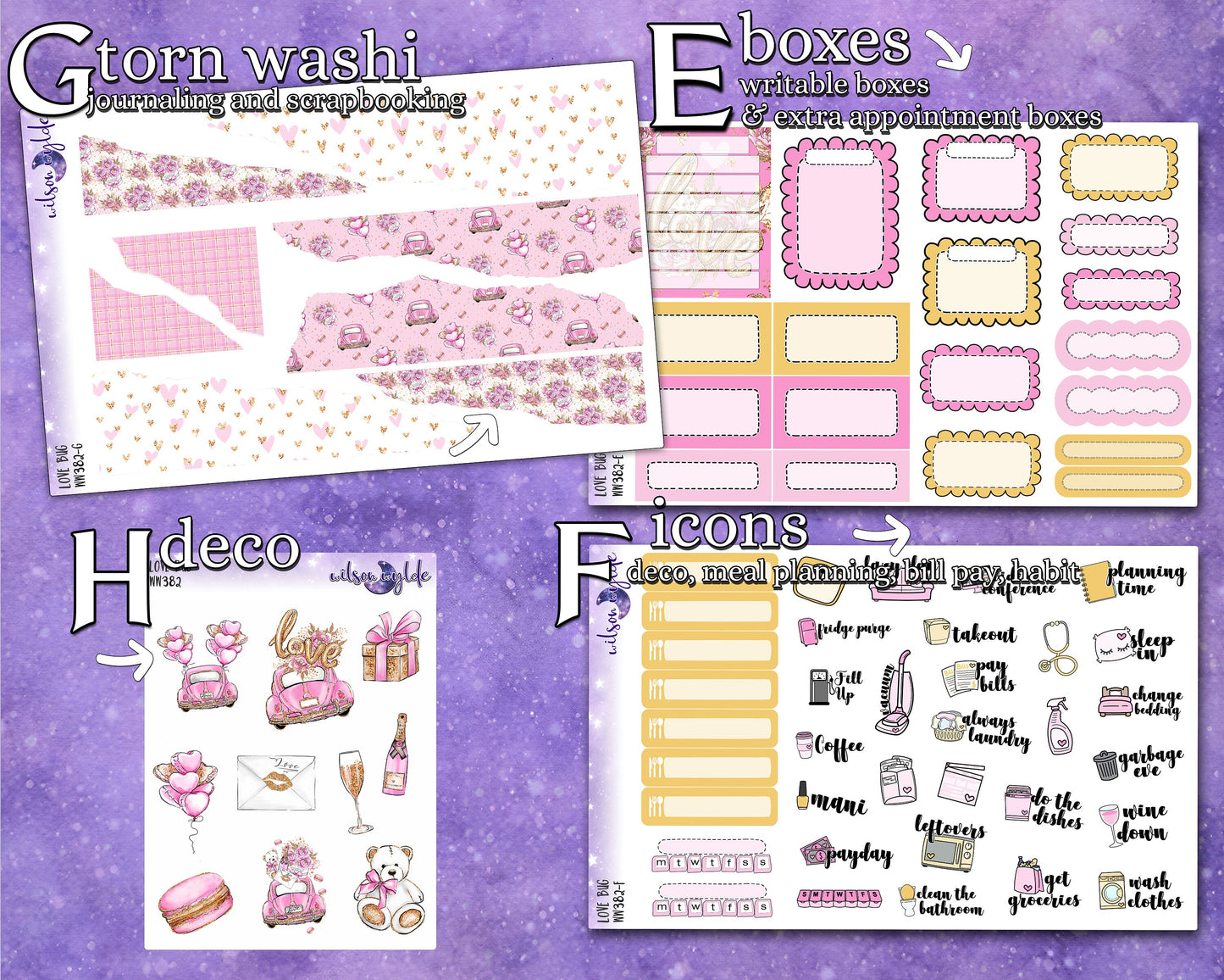 Love Bug full weekly sticker kit, HOBONICHI COUSIN format, a la carte and bundle options. WW382