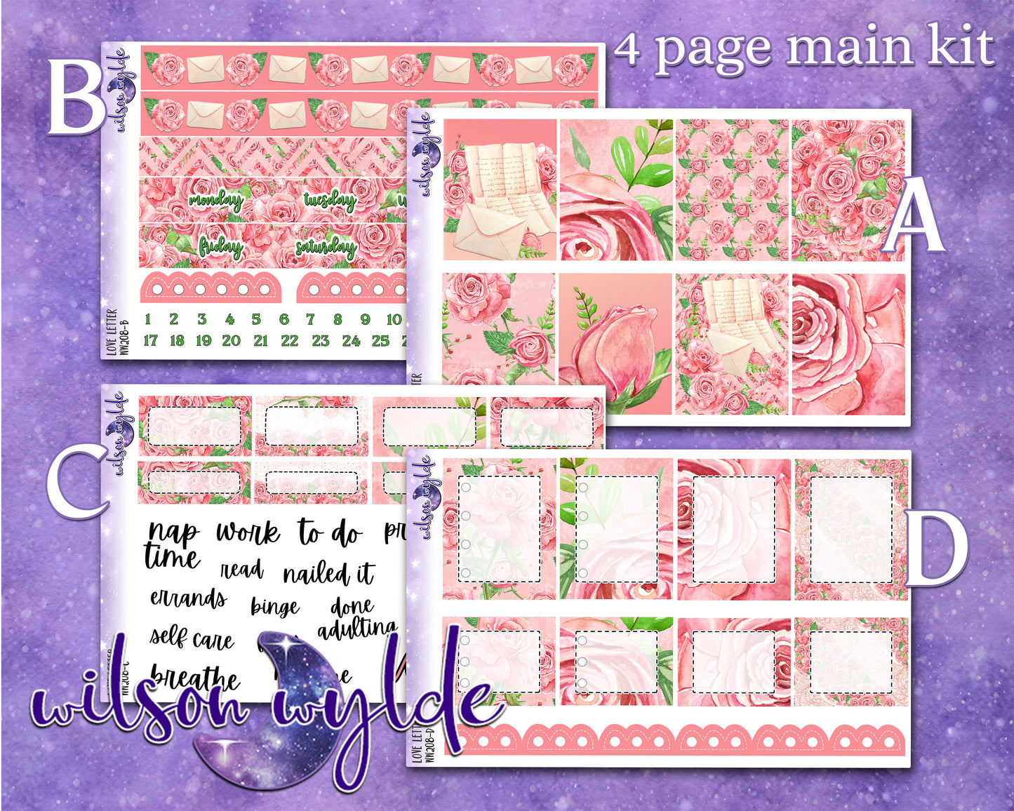 Love Letter full weekly sticker kit, HOBONICHI COUSIN cousin format, a la carte and bundle options. WW208