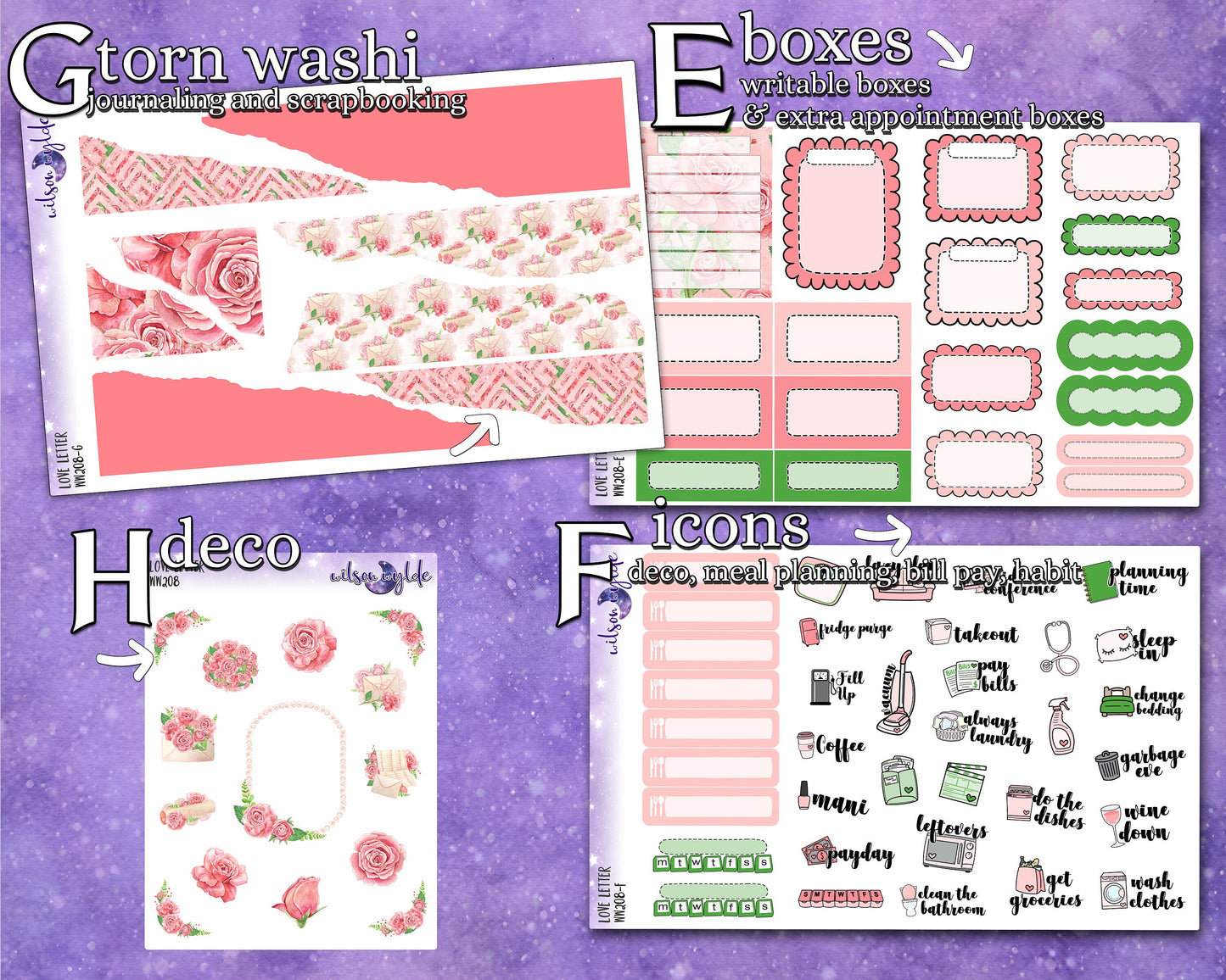 Love Letter full weekly sticker kit, HOBONICHI COUSIN cousin format, a la carte and bundle options. WW208