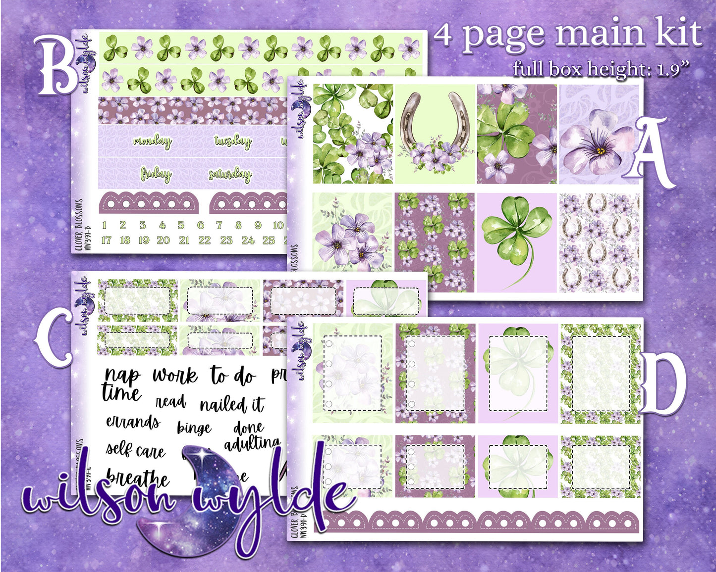 Clover Blossoms full weekly sticker kit, STANDARD VERTICAL format, a la carte and bundle options. WW391