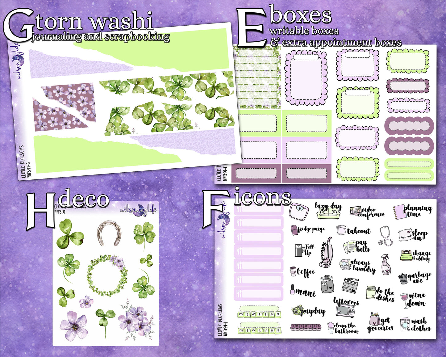 Clover Blossoms full weekly sticker kit, STANDARD VERTICAL format, a la carte and bundle options. WW391