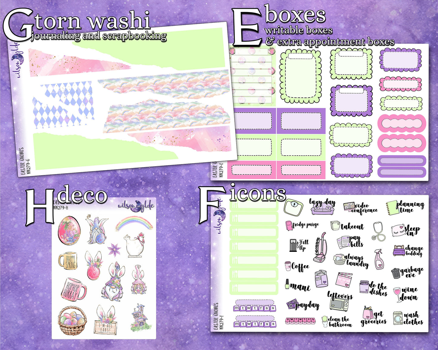 Easter Gnomes full weekly sticker kit, HOBONICHI COUSIN format, a la carte and bundle options. WW279