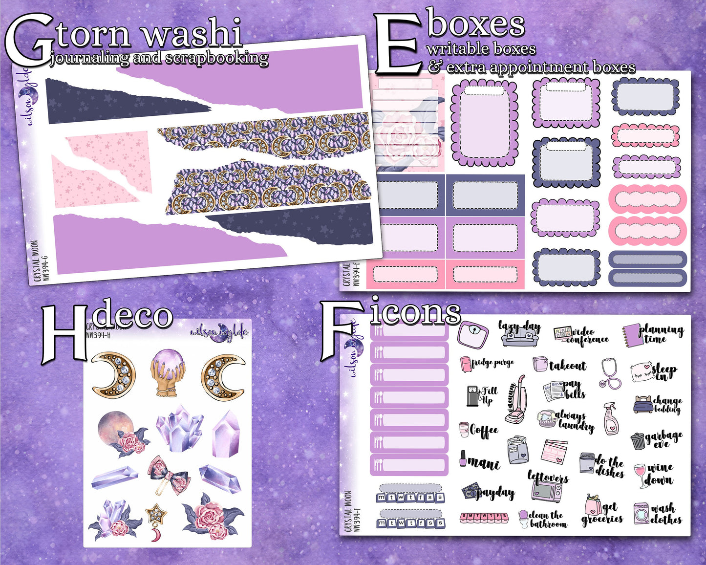 Crystal Moon full weekly sticker kit, STANDARD VERTICAL format, a la carte and bundle options. WW394