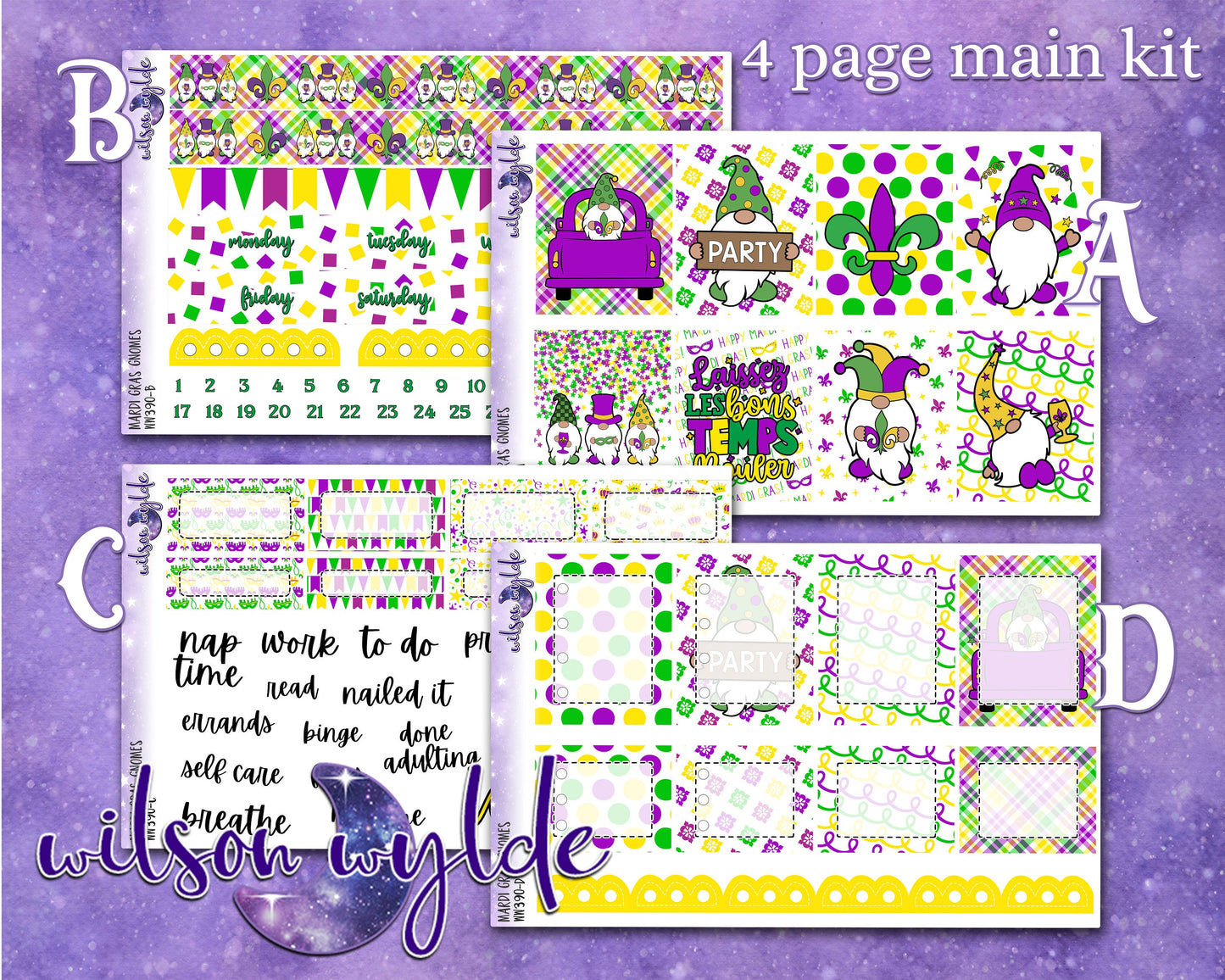 Mardi Gras Gnomes full weekly sticker kit, HOBONICHI COUSIN format, a la carte and bundle options. WW390