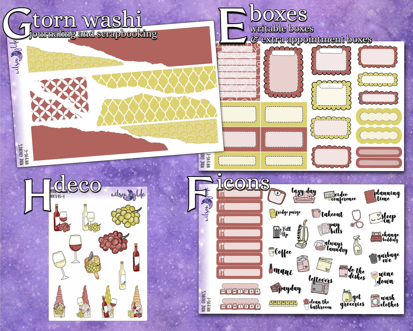 Wine Gnomes full weekly sticker kit, standard vertical format, a la carte and bundle options. WW395