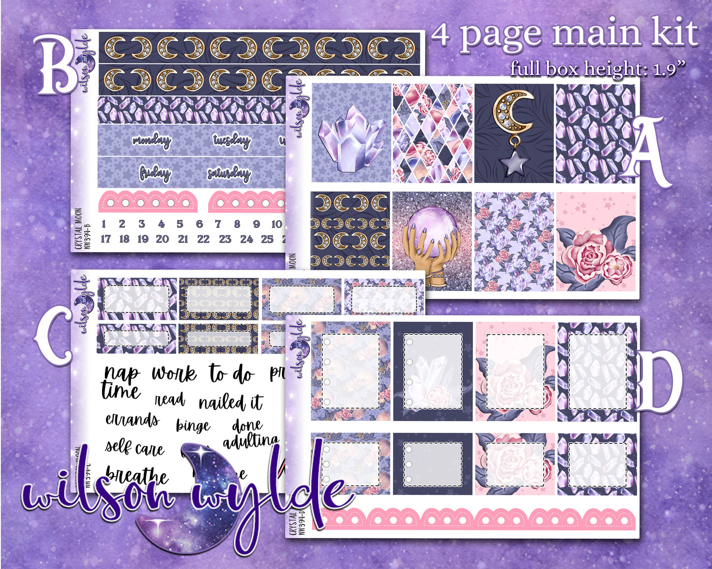 Crystal Moon full weekly sticker kit, HOBONICHI COUSIN format, a la carte and bundle options. WW394