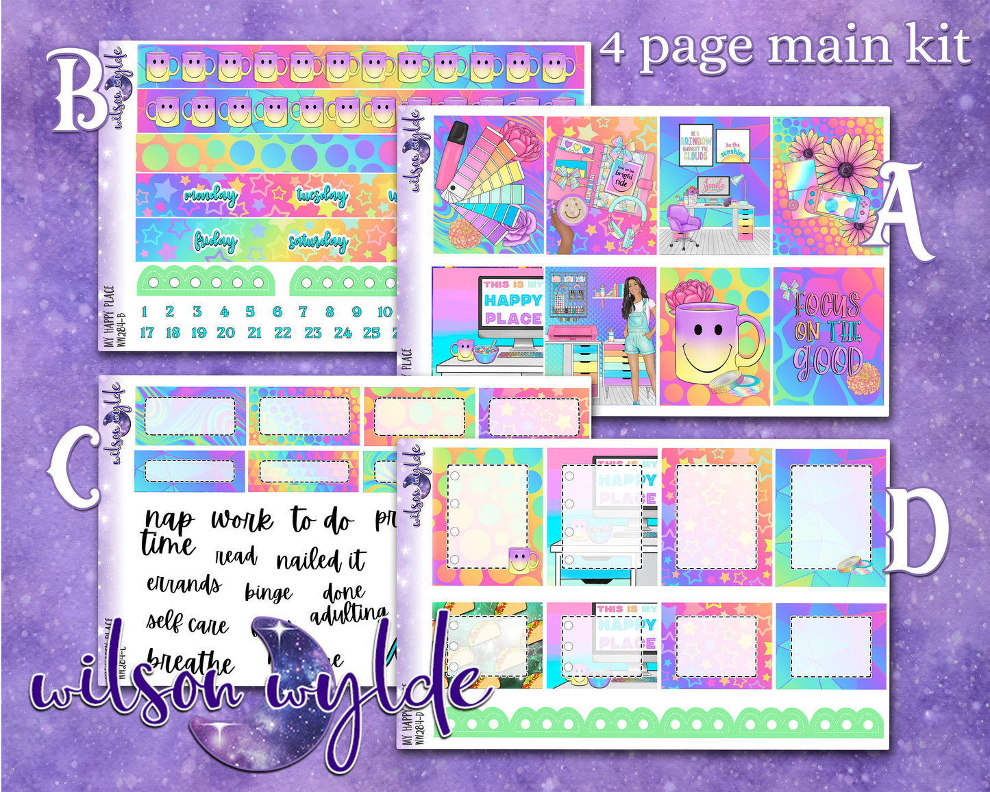 My Happy Place full weekly sticker kit, HOBONICHI COUSIN format, a la carte and bundle options. WW284