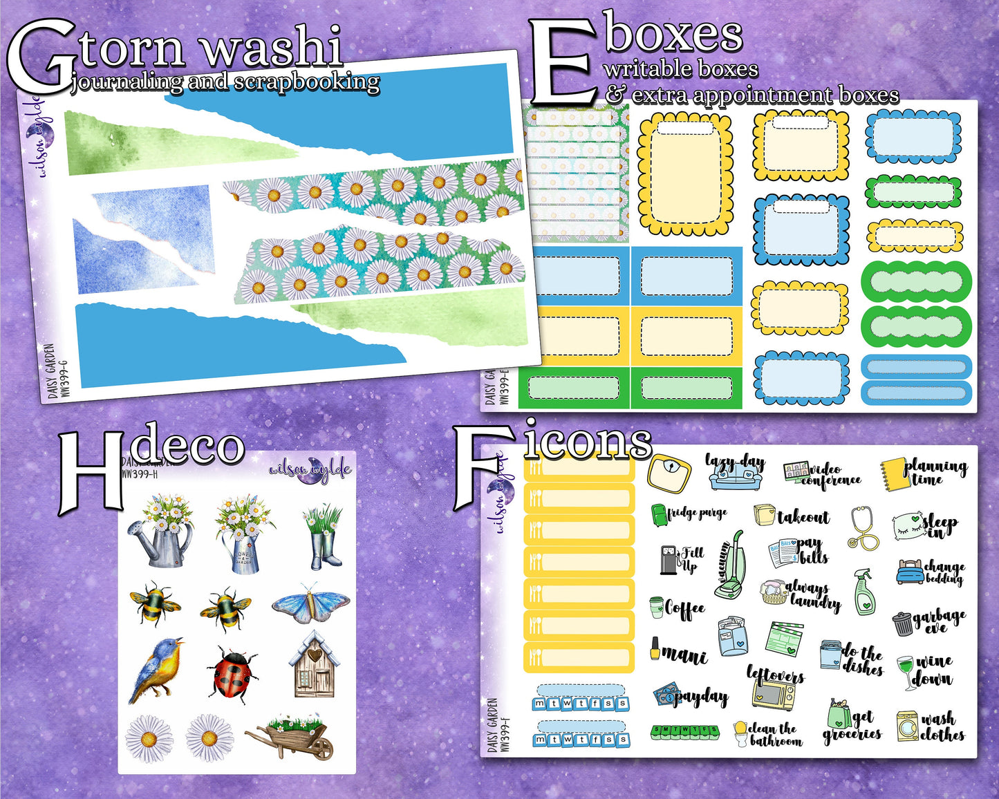 Daisy Garden full weekly sticker kit, STANDARD VERTICAL format, a la carte and bundle options. WW399