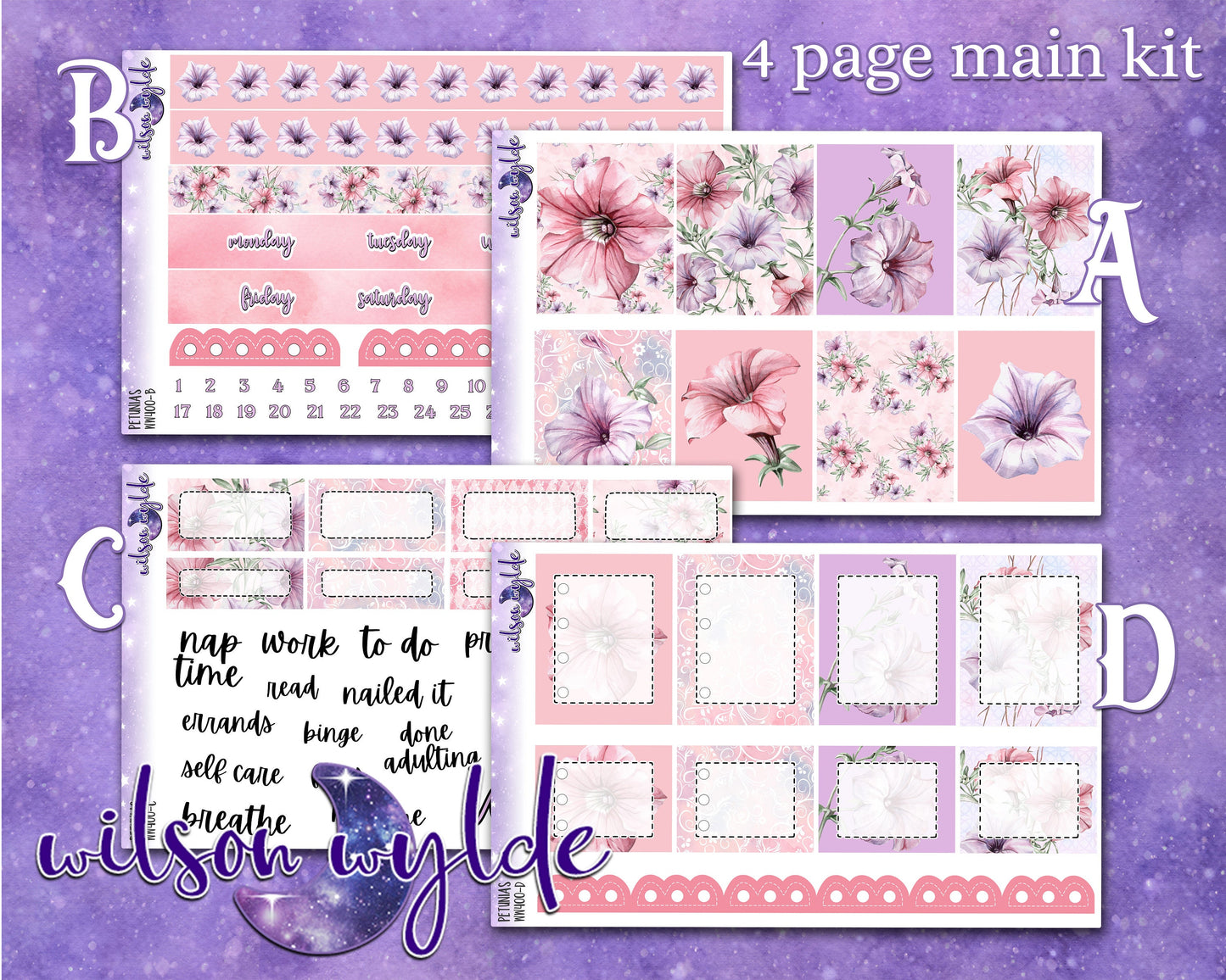 Petunias full weekly sticker kit, hobonichi cousin format, a la carte and bundle options. WW400