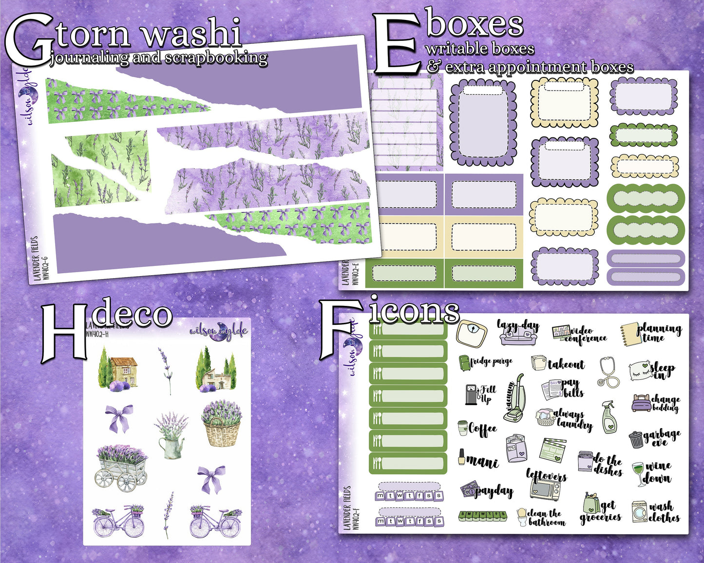 Lavender Fields full weekly sticker kit, hobonichi cousin format, a la carte and bundle options. WW402