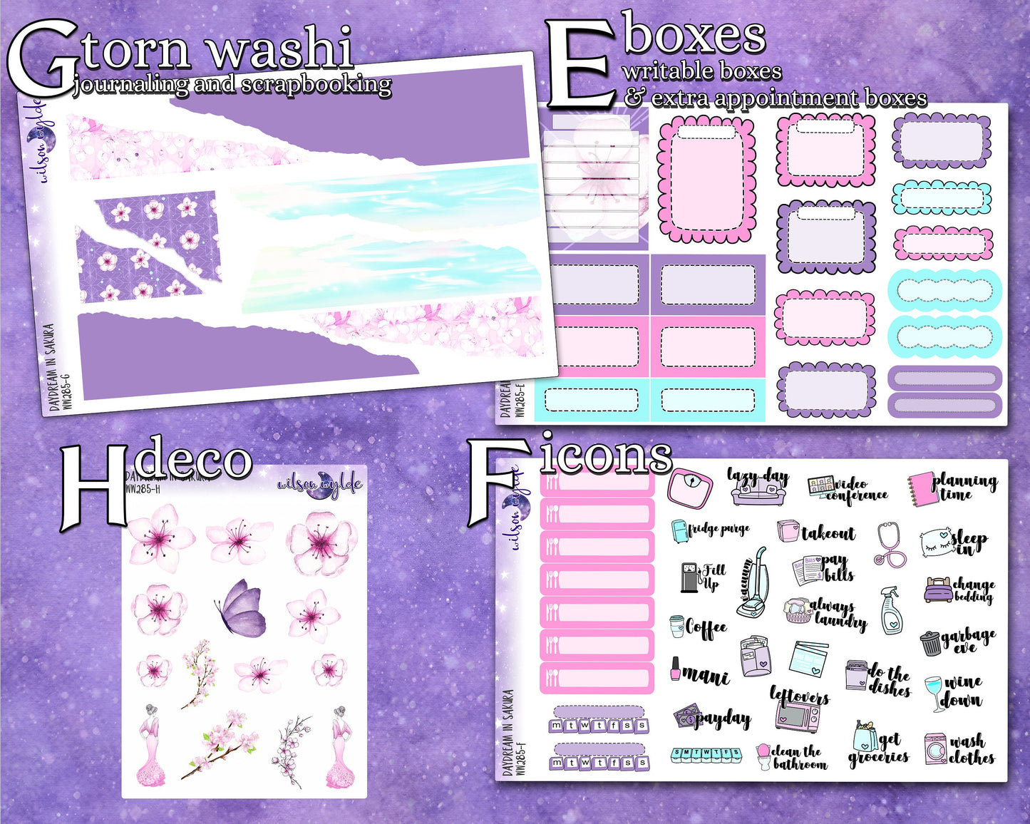 Daydream in Sakura full weekly sticker kit, HOBONICHI COUSIN format, a la carte and bundle options. WW285