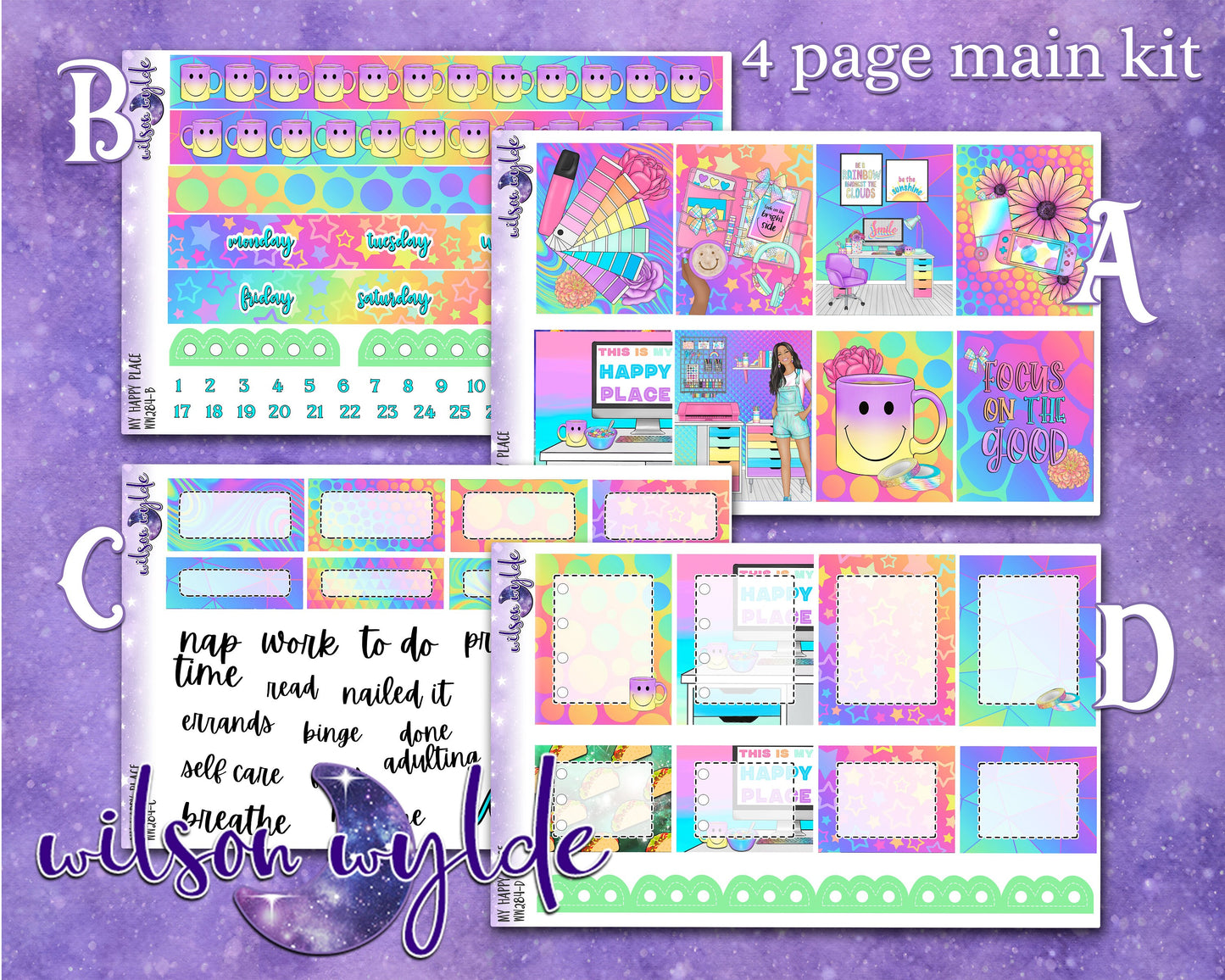 My Happy Place full weekly sticker kit, STANDARD VERTICAL format, a la carte and bundle options. WW284