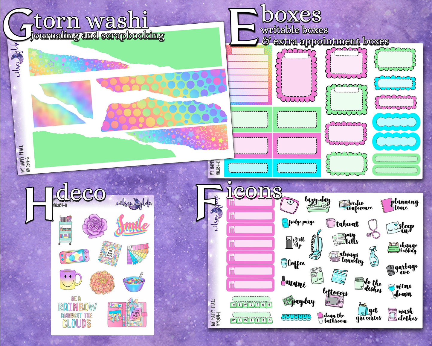 My Happy Place full weekly sticker kit, HOBONICHI COUSIN format, a la carte and bundle options. WW284