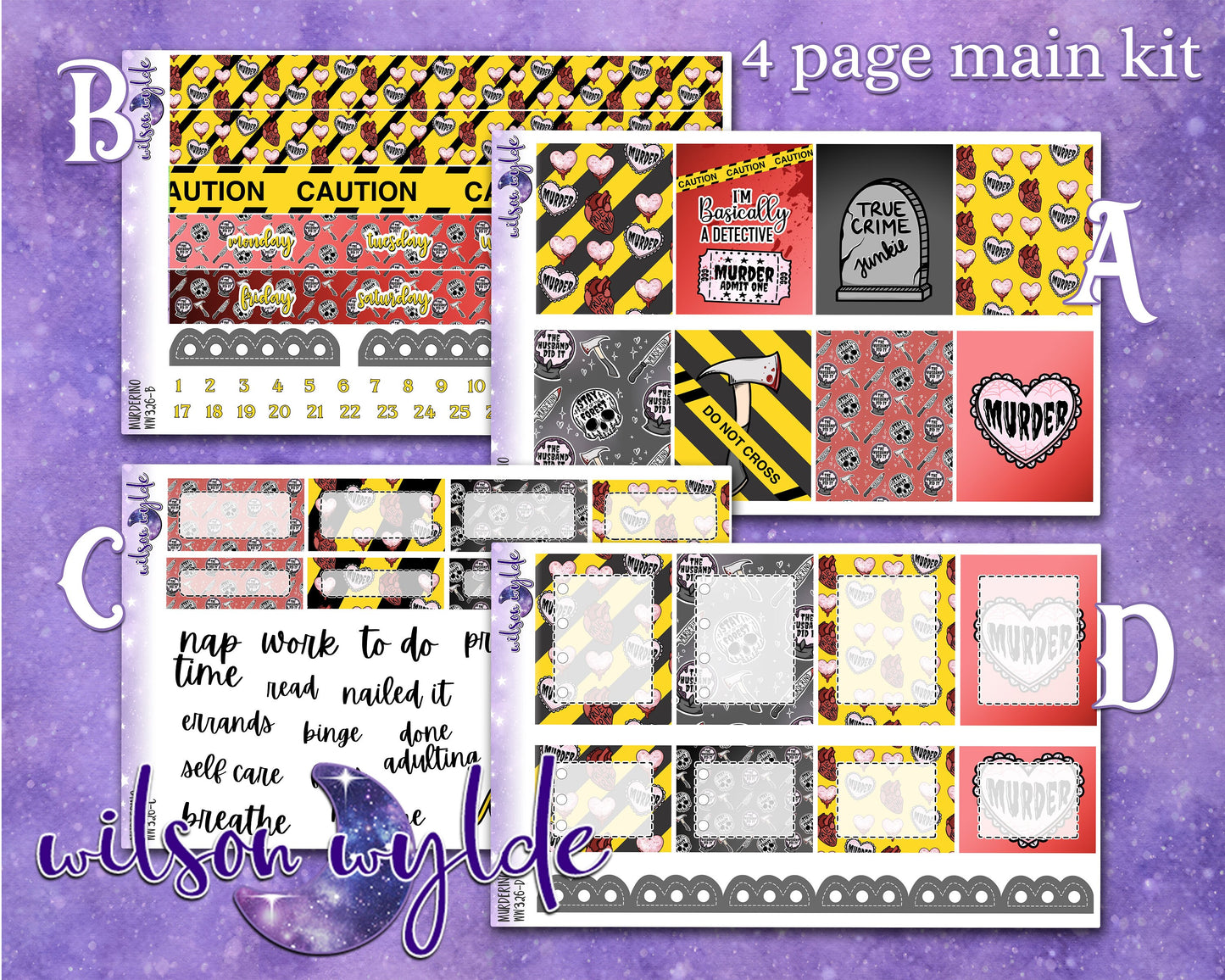 Murderino full weekly sticker kit, STANDARD VERTICAL format, a la carte and bundle options. WW326