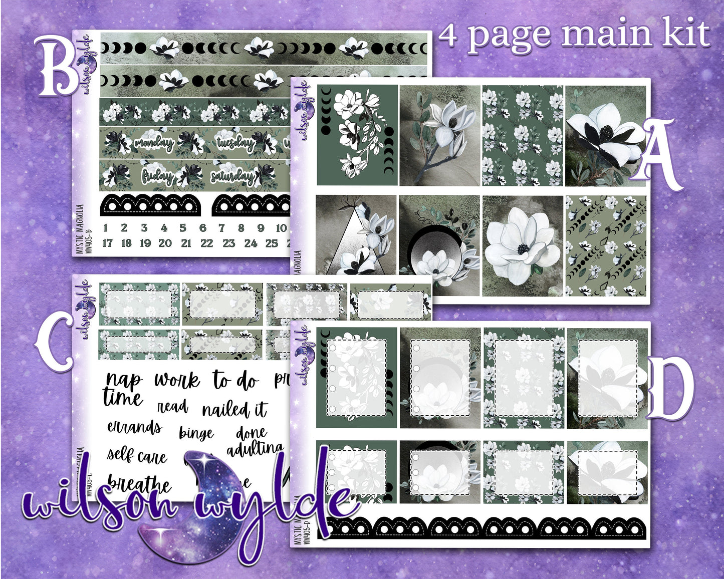 Mystic Magnolia full weekly sticker kit, hobonichi cousin format, a la carte and bundle options. WW405