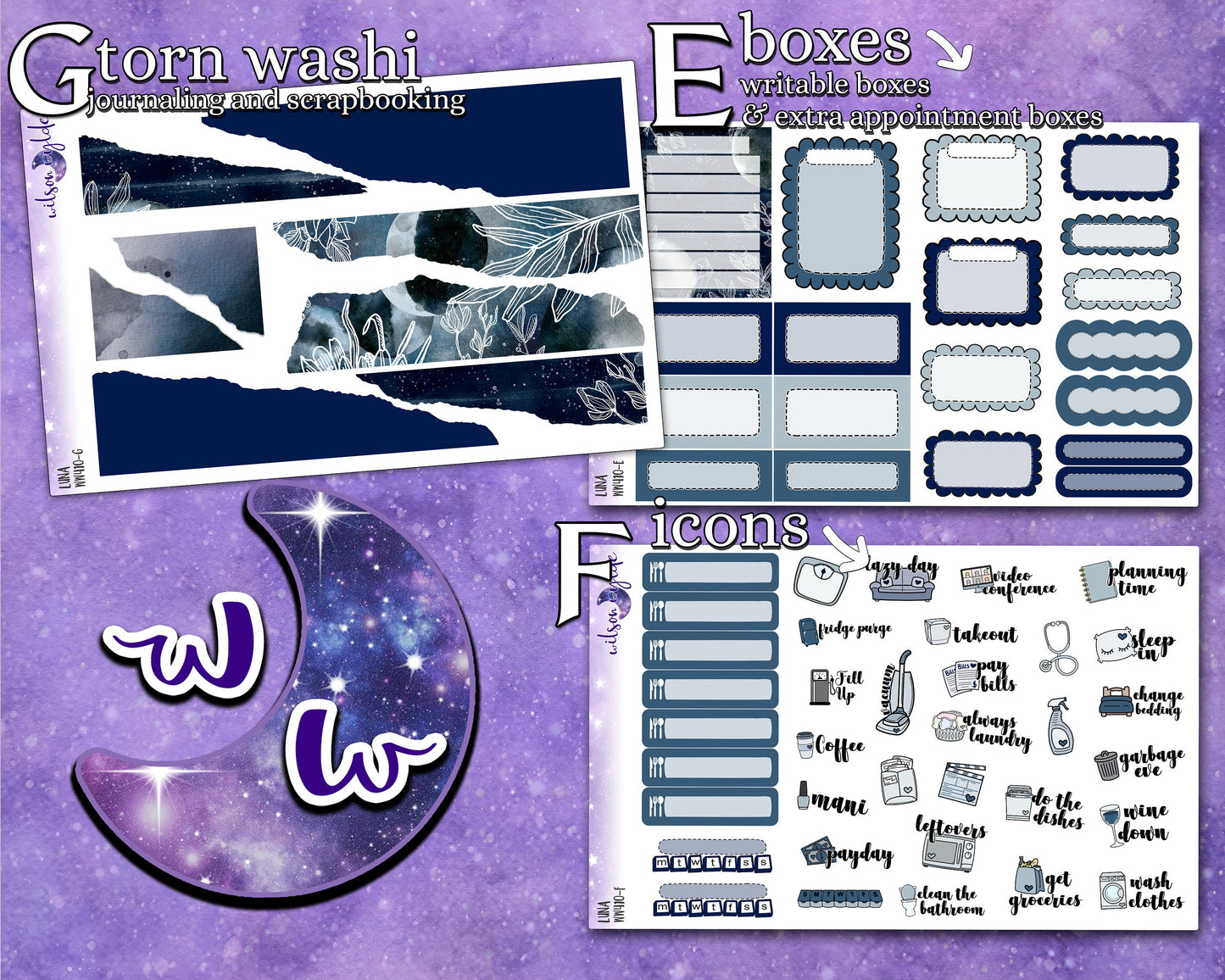 Luna full weekly sticker kit, HOBONICHI COUSIN format, a la carte and bundle options. WW410