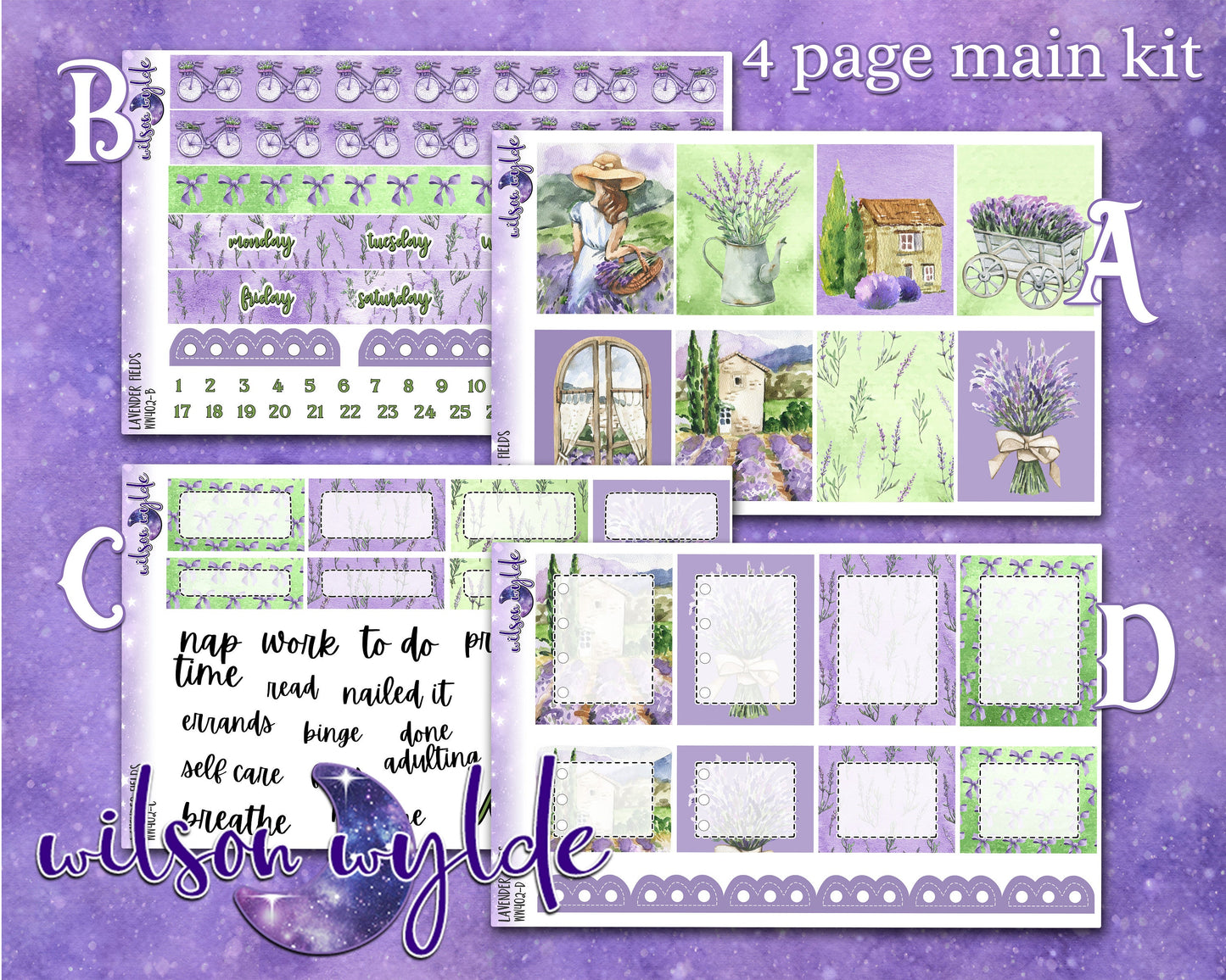 Lavender Fields full weekly sticker kit, hobonichi cousin format, a la carte and bundle options. WW402