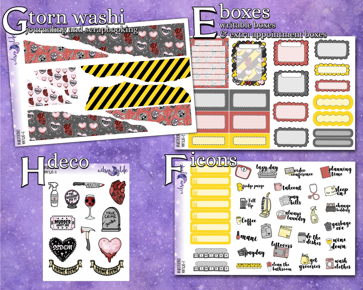 Murderino full weekly sticker kit, STANDARD VERTICAL format, a la carte and bundle options. WW326