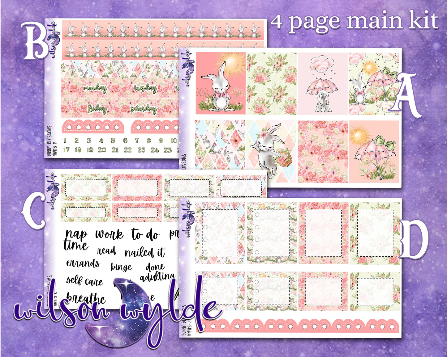 Bunny Blossoms full weekly sticker kit, STANDARD VERTICAL format, a la carte and bundle options. WW413