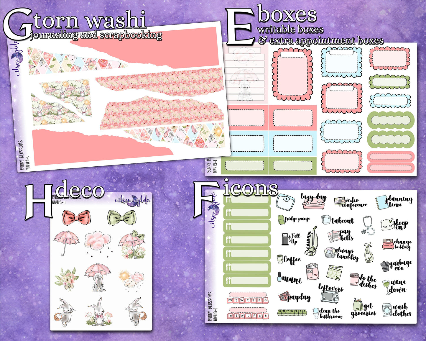 Bunny Blossoms full weekly sticker kit, STANDARD VERTICAL format, a la carte and bundle options. WW413