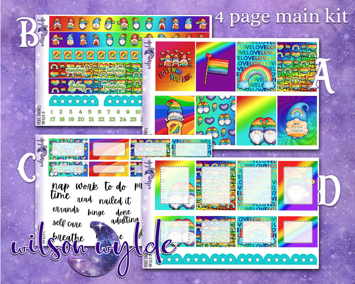 Pride Gnomes full weekly sticker kit, HOBONICHI COUSIN format, a la carte and bundle options. WW323