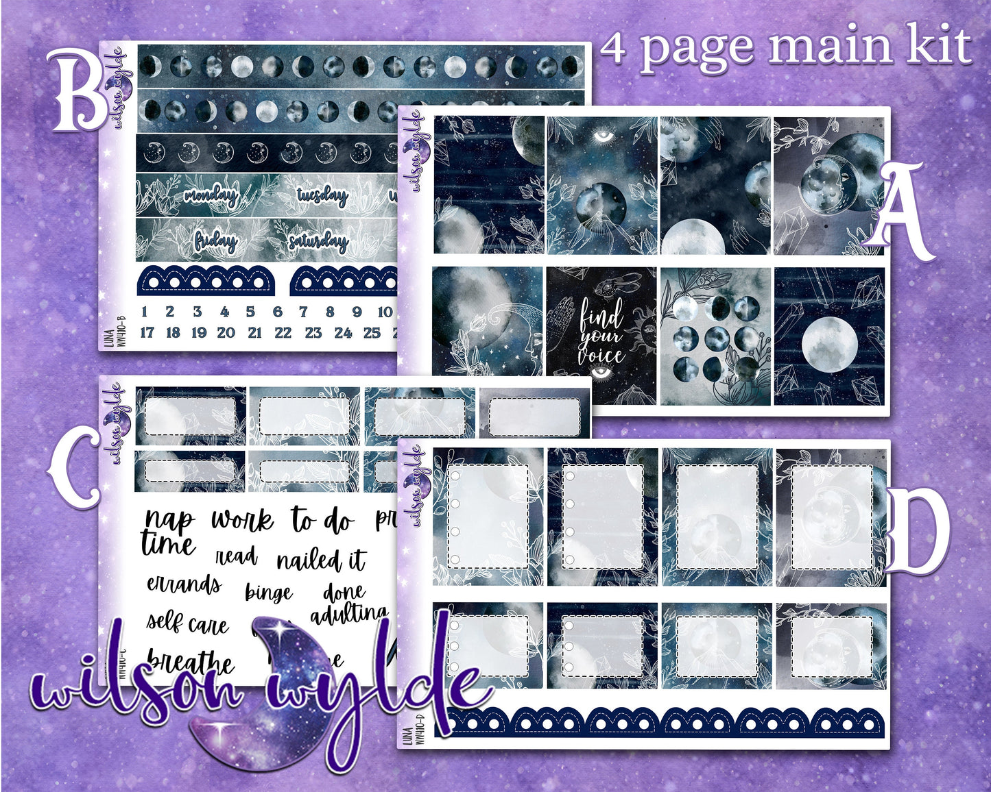 Luna full weekly sticker kit, HOBONICHI COUSIN format, a la carte and bundle options. WW410