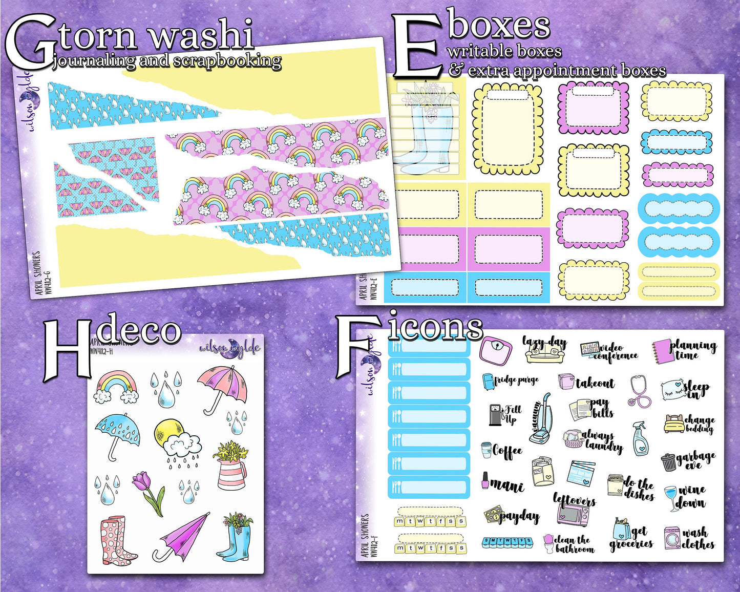 April Showers full weekly sticker kit, hobonichi cousin format, a la carte and bundle options. WW412