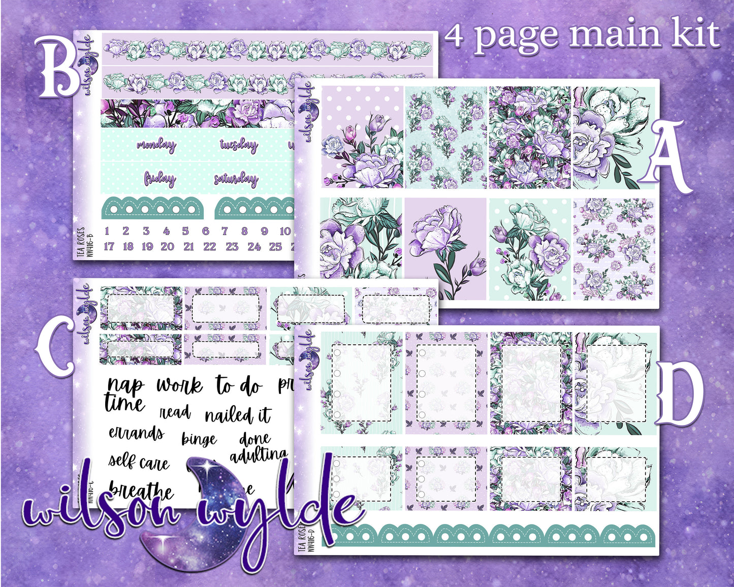 Tea Roses full weekly sticker kit, HOBONICHI COUSIN format, a la carte and bundle options. WW416