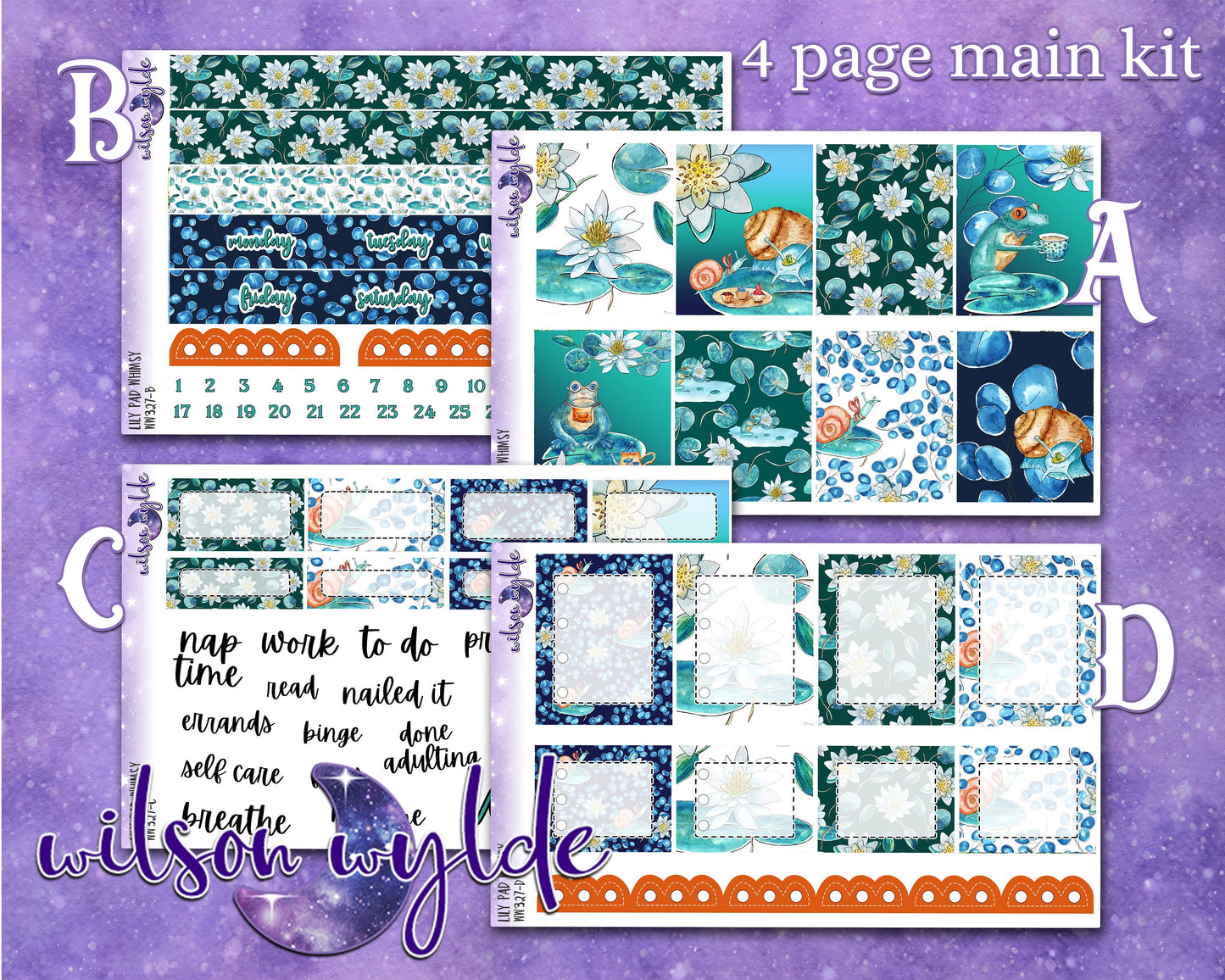 Lily Pad Whimsy full weekly sticker kit, hobonichi cousin format, a la carte and bundle options. WW327